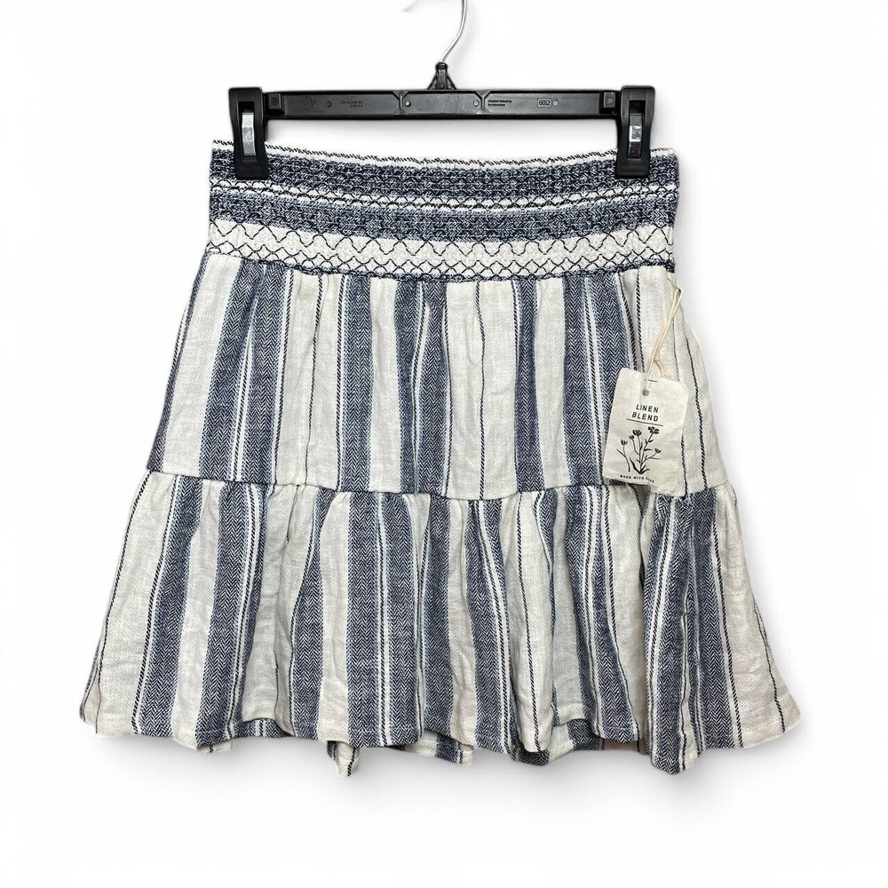 Boho Smocked Waist Mini Skirt Blue White Striped Tiered Coastal Summer Medium